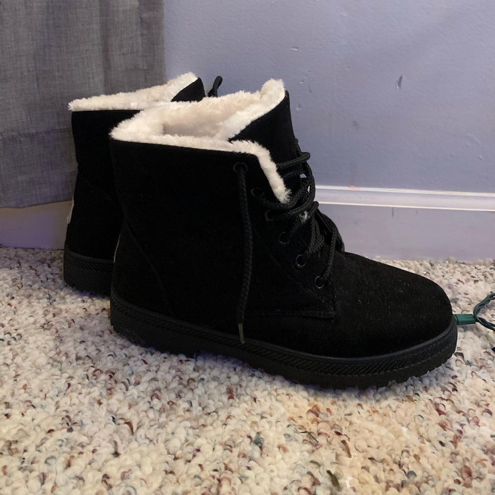 Black fuzzy ankle boots